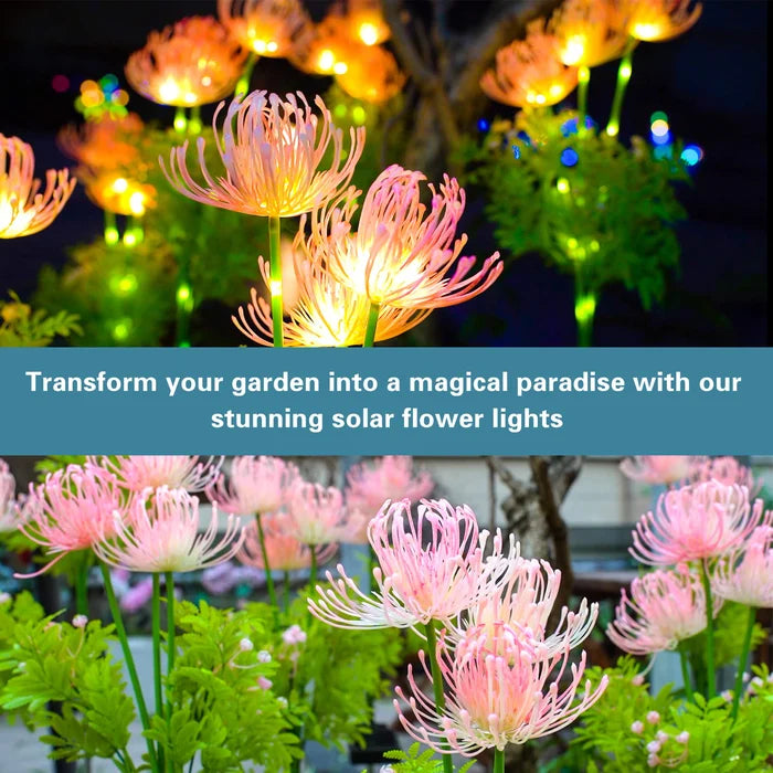 Brightly lit solar flower stake for garden decor, showcasing intricate design and solar panel