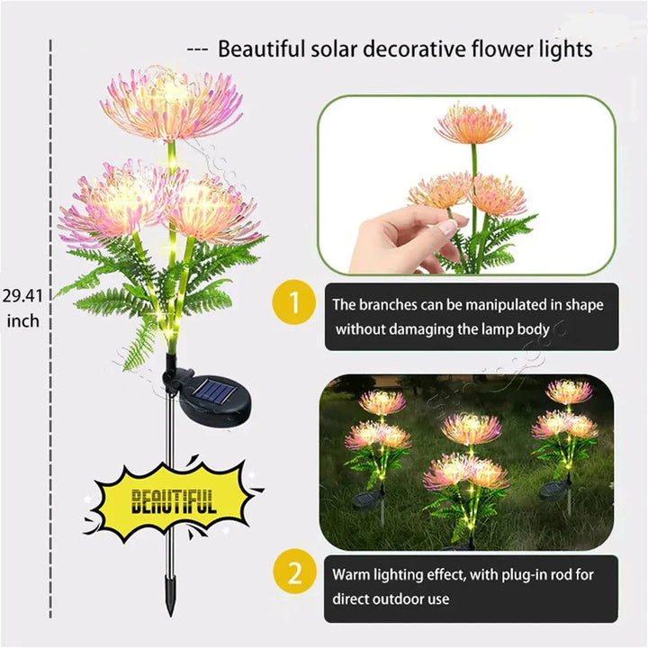 Solar powered glowing flower lights integrated into garden landscaping, perfect for night illumination