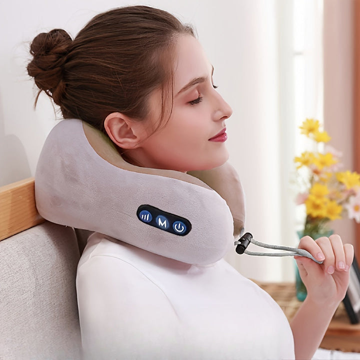 U-shaped memory foam neck pillow with USB heating for ultimate travel comfort and neck support.