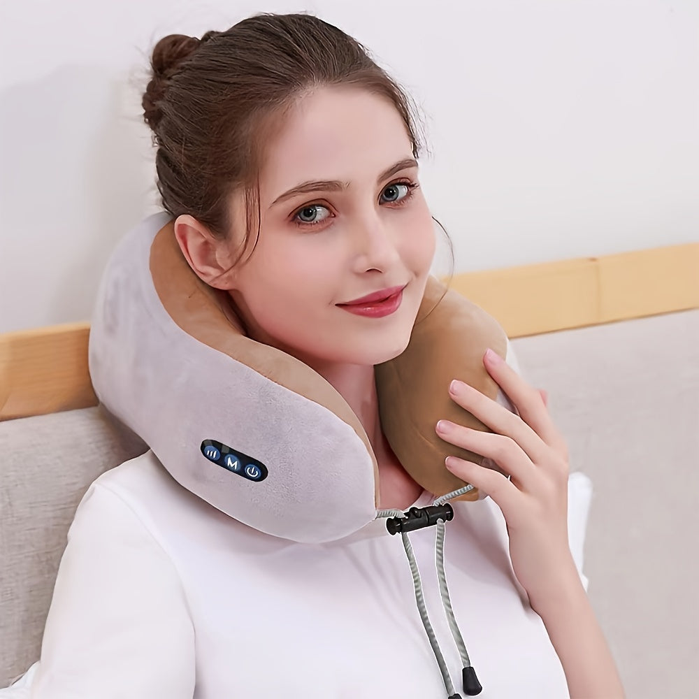 Ergonomic U-shaped memory foam neck pillow with gentle heat for relaxation and stress relief at home or travel.
