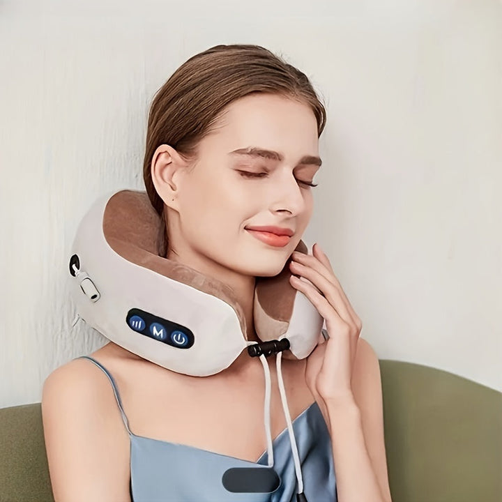 Portable U-shaped memory foam neck pillow with USB rechargeable heating for comfortable neck support on the go.
