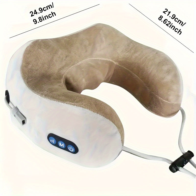 Soft U-shaped memory foam heating neck pillow provides ergonomic support and stress relief for travel & home.