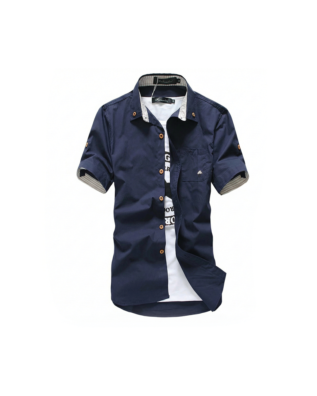 Men's short sleeve button-up shirt with stylish contrast stitching, perfect for casual summer wear.