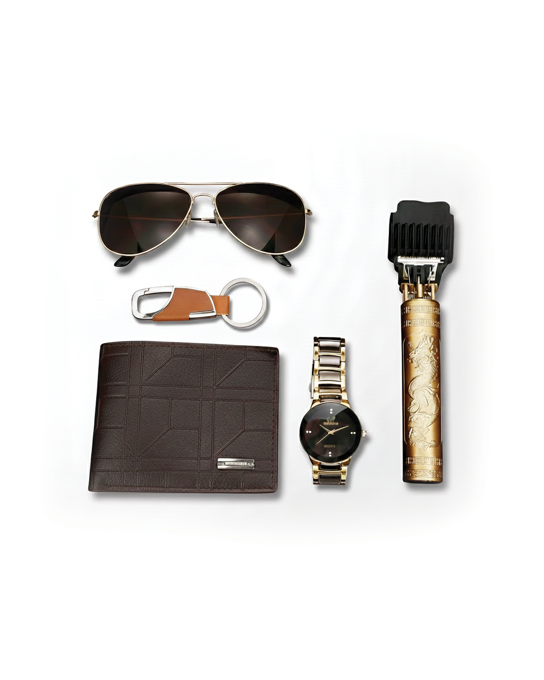 Men's 5-piece ultimate style gift set with watch, wallet, sunglasses, trimmer & keychain.