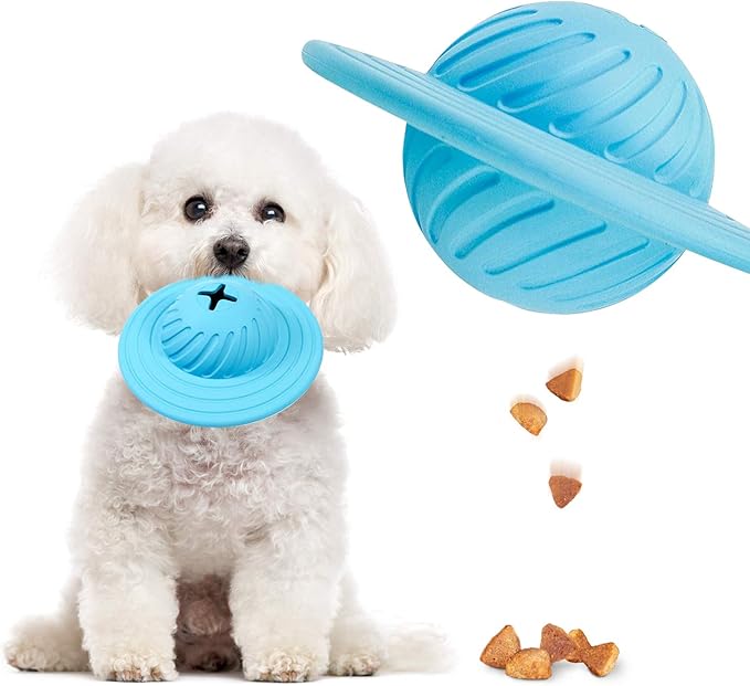 Blue UFO dog treat dispenser toy with kibble, engaging puzzle for all dogs