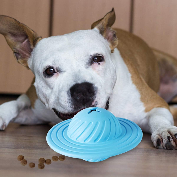 Side view of UFO dog enrichment toy with treats, encouraging interactive play