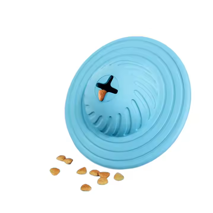 UFO dog toy with treat pockets, stimulating and durable for pet playtime