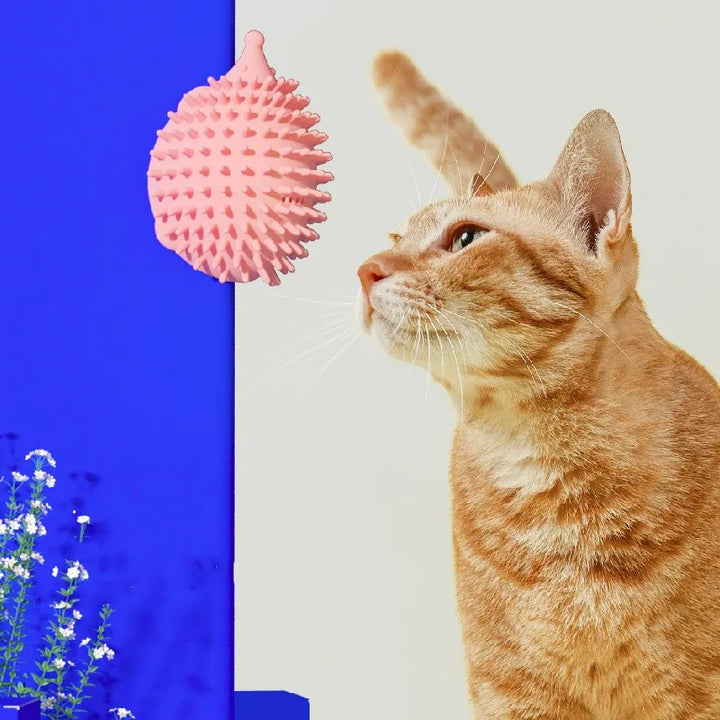 UFO catnip plush toy next to a happy cat, highlighting its appeal as a fun and stimulating pet supply.