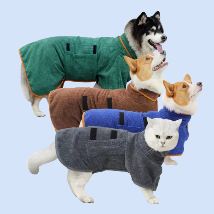 Ultra-absorbent pet drying robe for dogs and cats, blue, quick dry, machine washable
