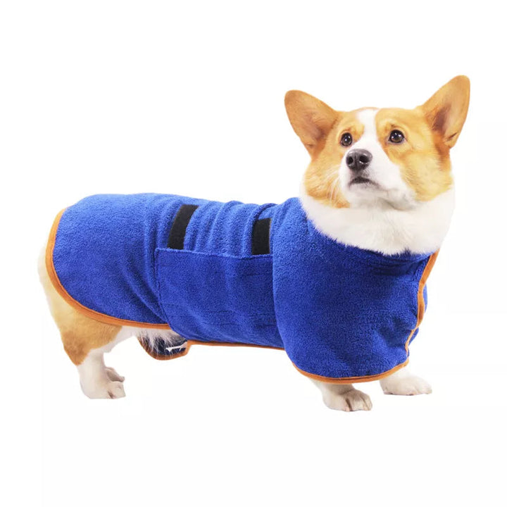 Soft microfiber dog bathrobe in blue, perfect for quick drying after baths, pet grooming
