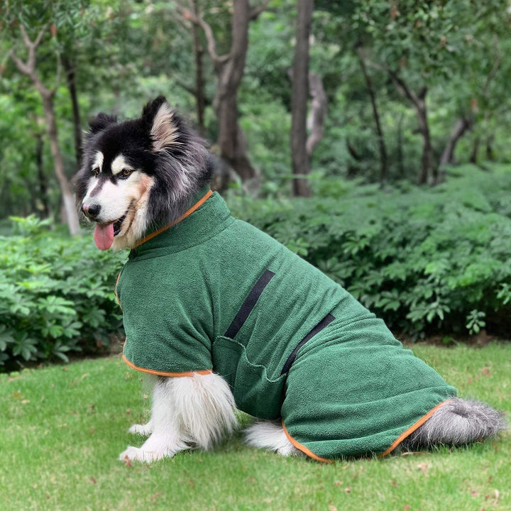 Dog's ultra-absorbent quick-dry bathrobe, a top pet grooming & bath accessory for happy pets.