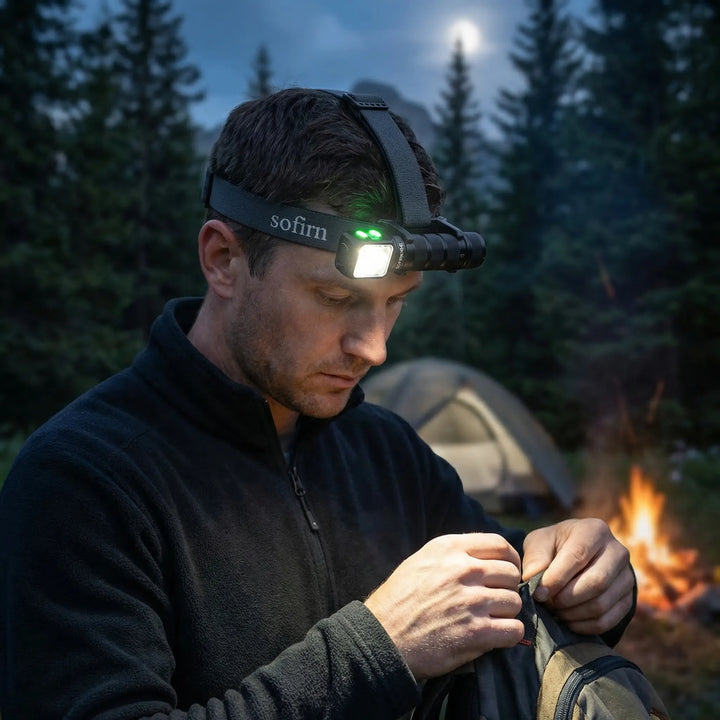 Ultra-bright rechargeable LED headlamp with magnetic base, ideal for camping, hiking & outdoor work. USB-C charging.