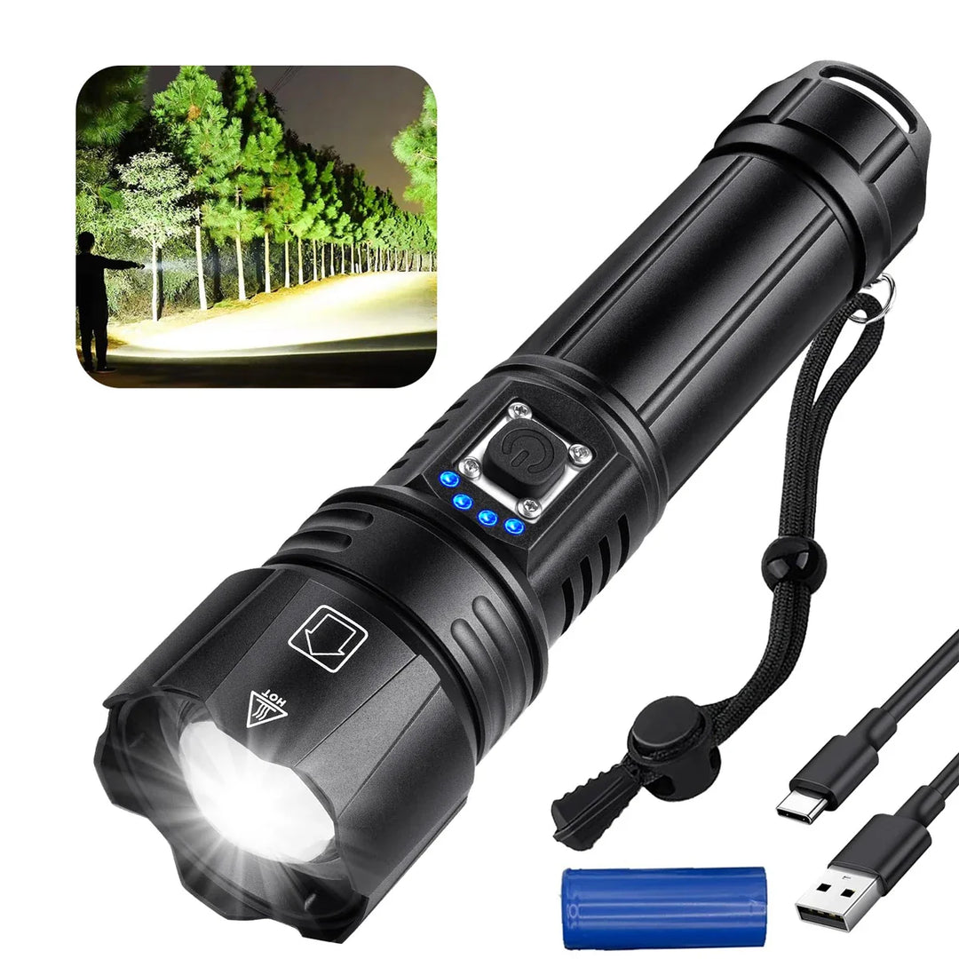 Ultra-bright rechargeable LED torch with 5 modes, ideal for camping, hiking, and emergencies.