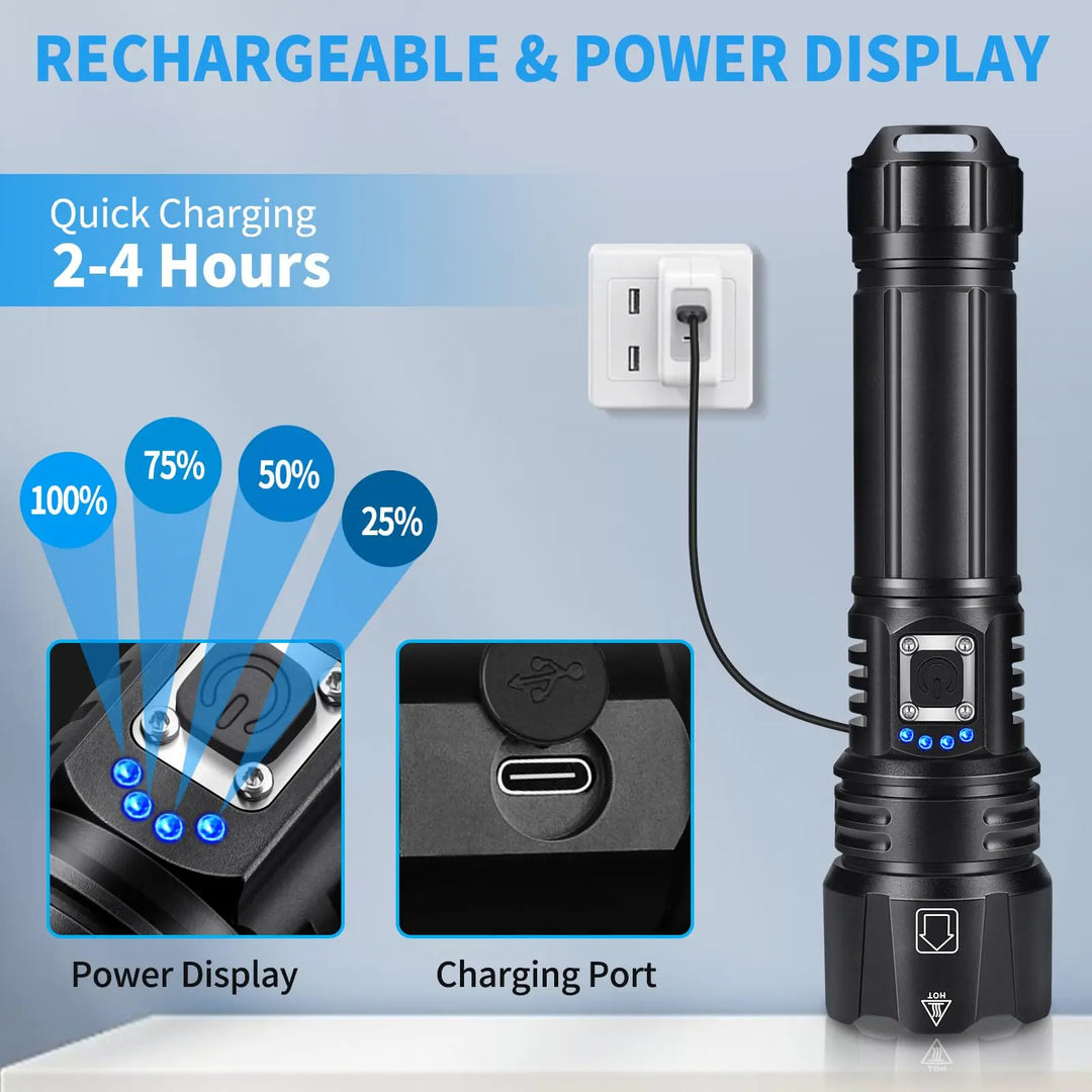 Rechargeable LED torch with 5 bright modes, essential for emergency kits and outdoor exploration.