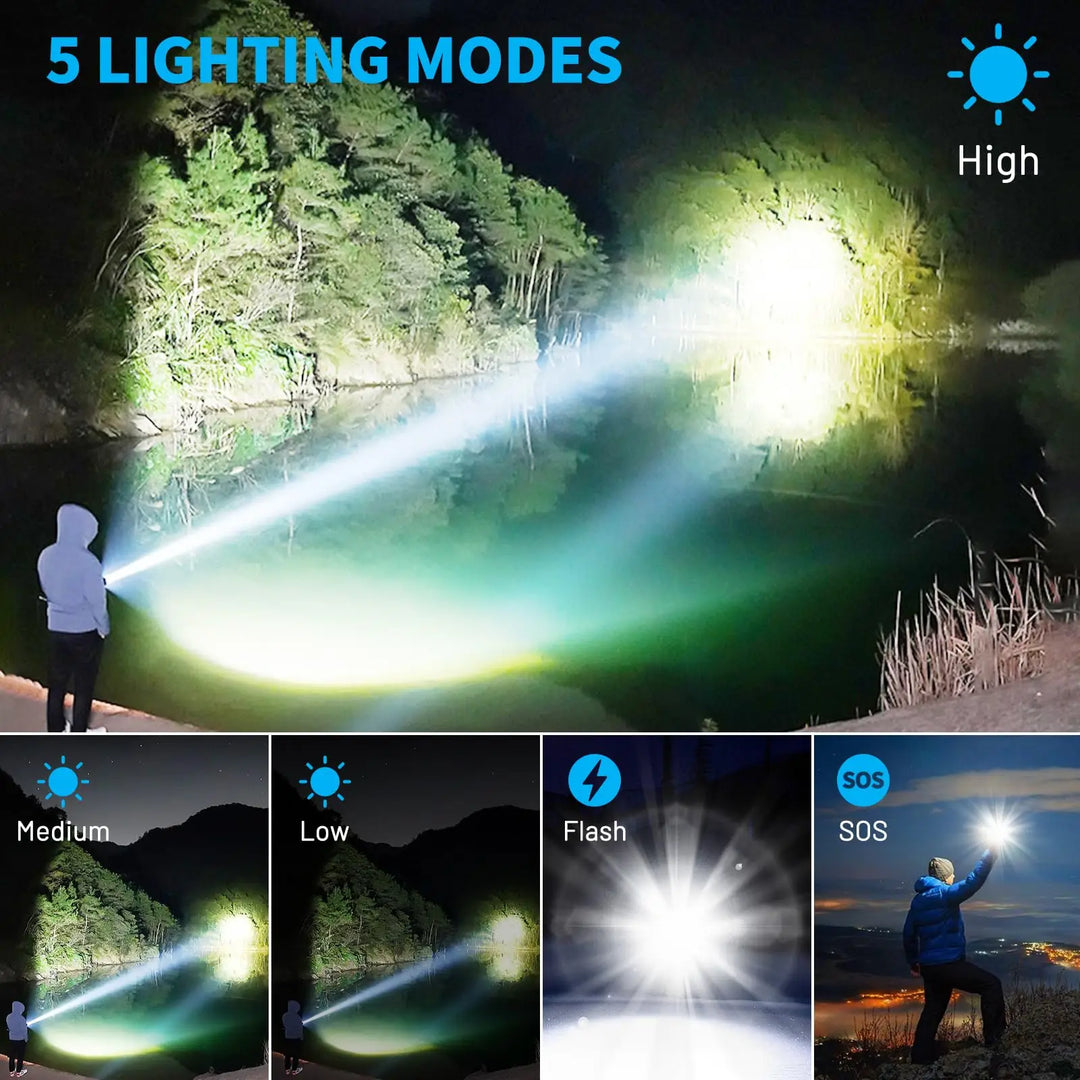 Unisex waterproof LED flashlight, ultra-bright for camping, hiking, and durable outdoor use.