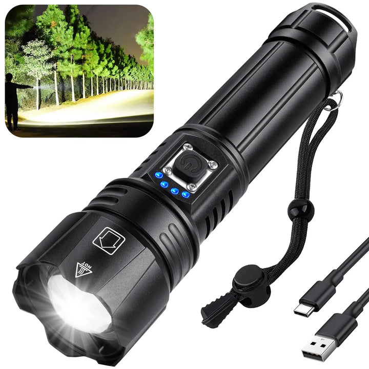 Handheld ultra-bright LED torch with 5 modes, rechargeable and durable for emergency and outdoor use.