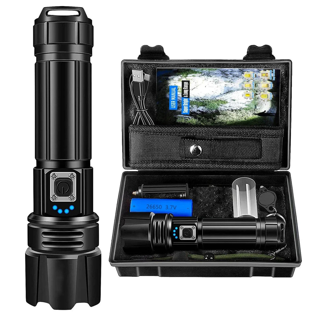Versatile ultra-bright LED torch, waterproof, rechargeable, and portable for camping, hiking, and emergencies.