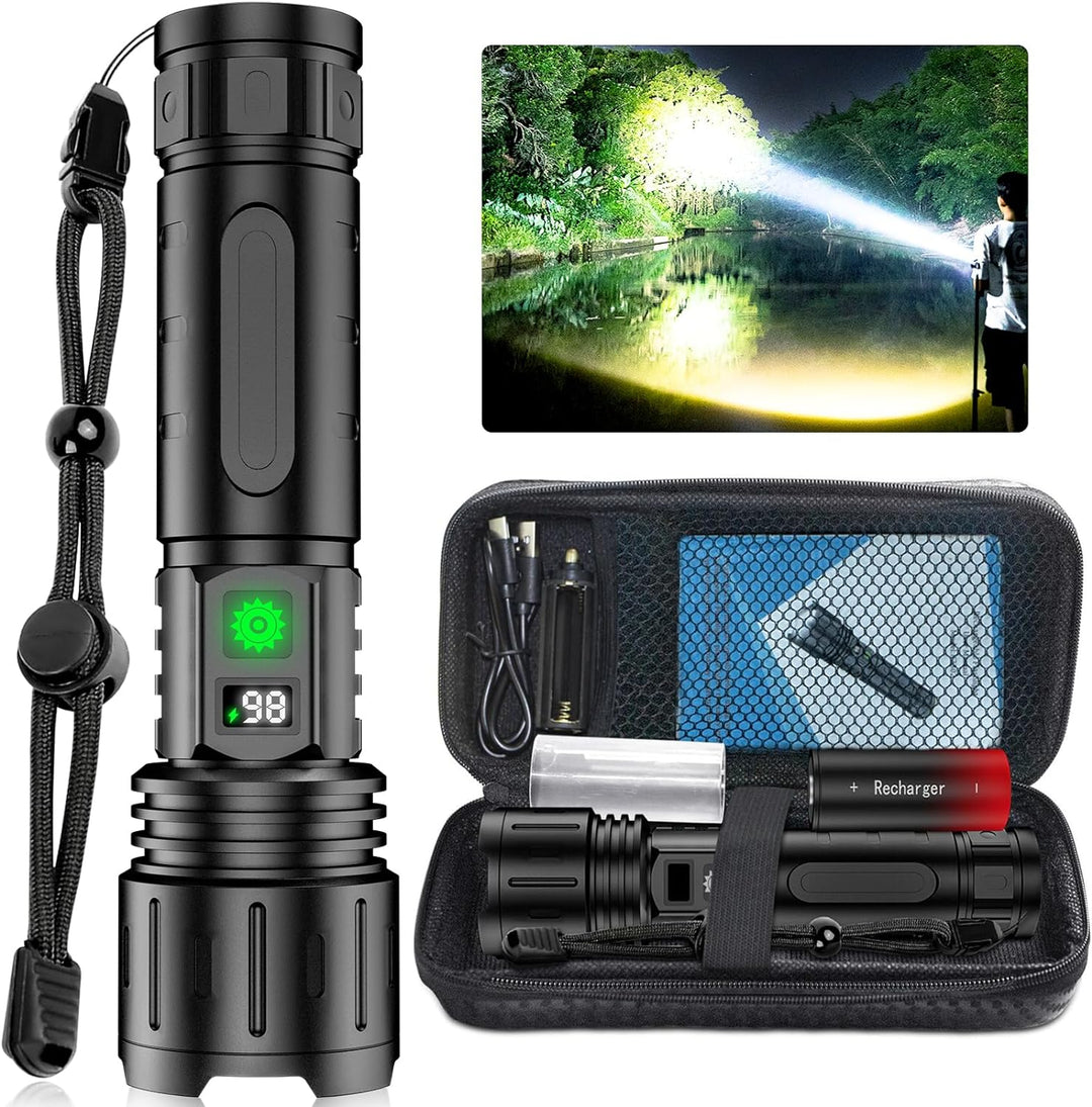 Ultra-Bright Tactical LED Flashlight with 100,000 lumens for outdoor & emergency use. Rechargeable & waterproof.