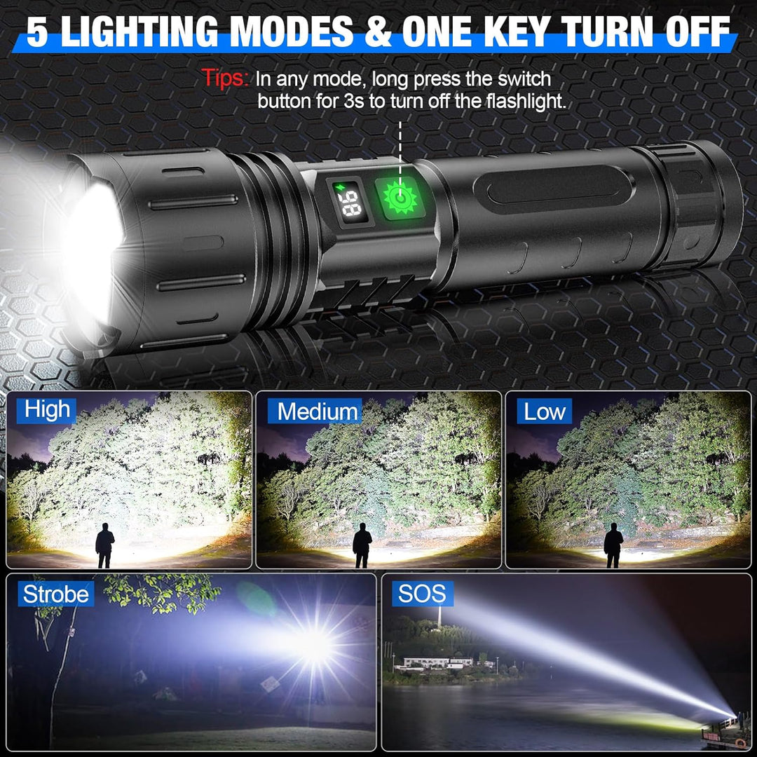 Powerful 100,000 lumen LED flashlight, ultra-bright for tactical operations, outdoor adventure, and emergencies.