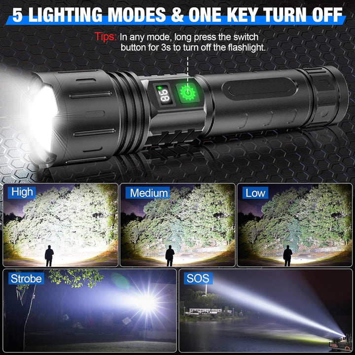 Powerful 100,000 lumen LED flashlight, ultra-bright for tactical operations, outdoor adventure, and emergencies.