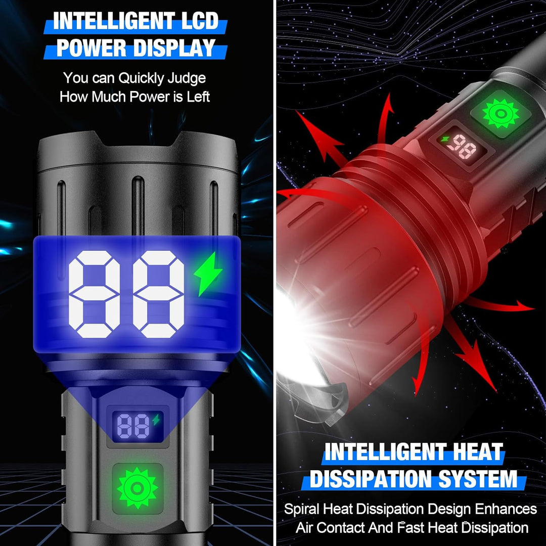 Rechargeable tactical LED flashlight, delivering 100,000 lumens for superior brightness in camping & emergencies.