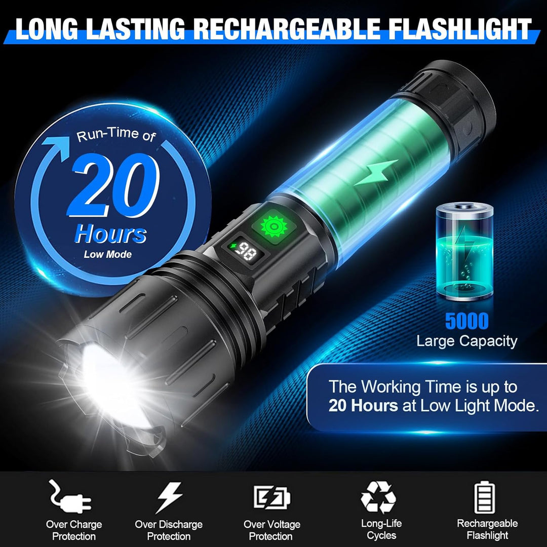 High lumen tactical LED flashlight, perfect for outdoor camping, emergency kits & powerful illumination needs.