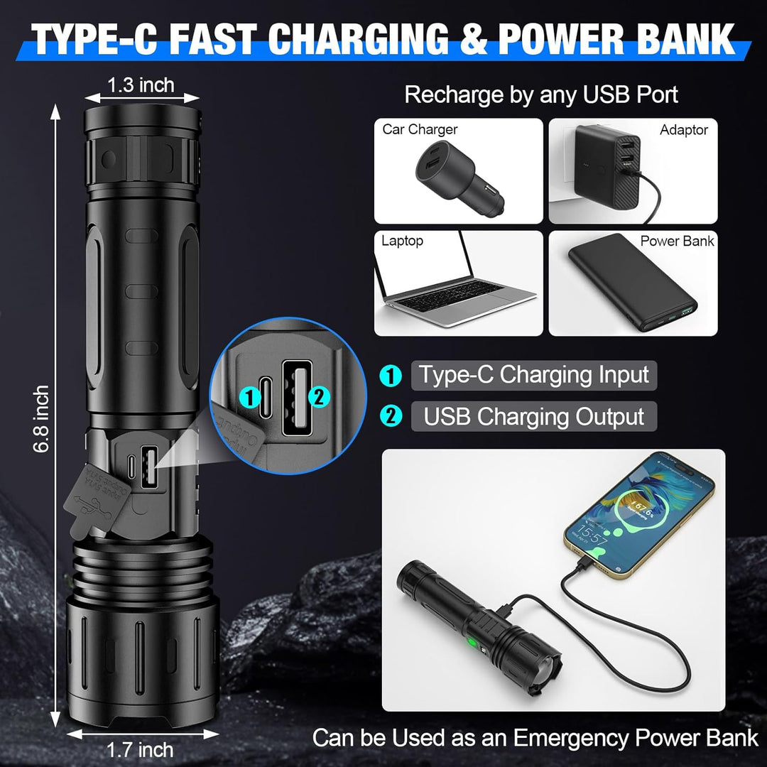 Versatile 100,000 lumen tactical LED flashlight, essential for outdoor, emergency, camping & survival situations.