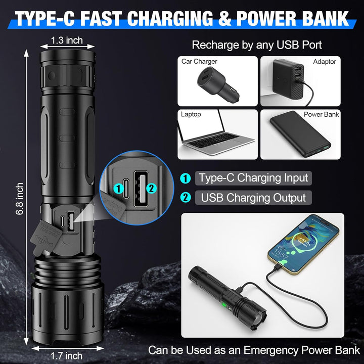 Versatile 100,000 lumen tactical LED flashlight, essential for outdoor, emergency, camping & survival situations.