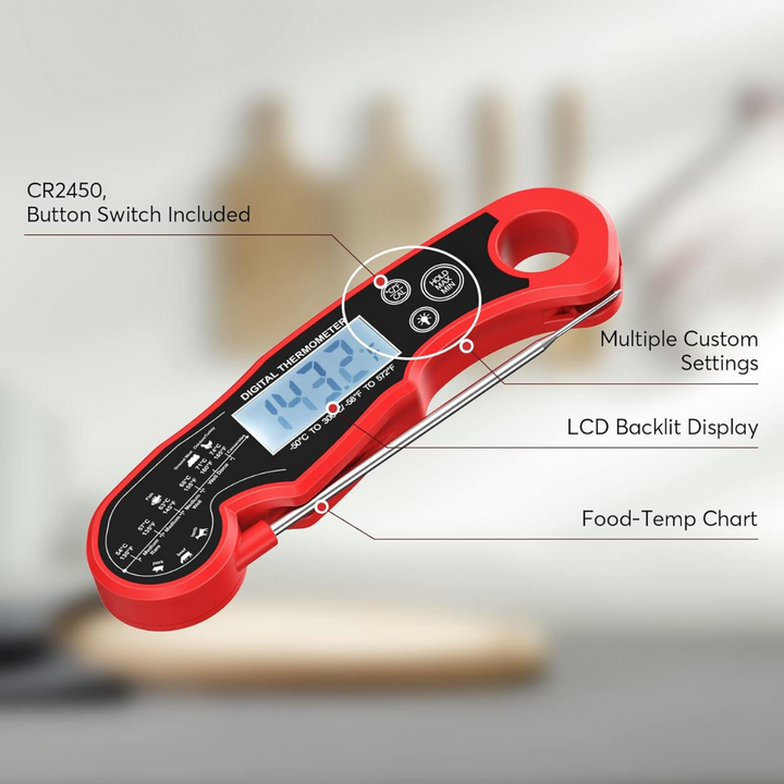 Sleek ultra-fast digital meat thermometer with large display. Accurate food temperature gauge for kitchen.