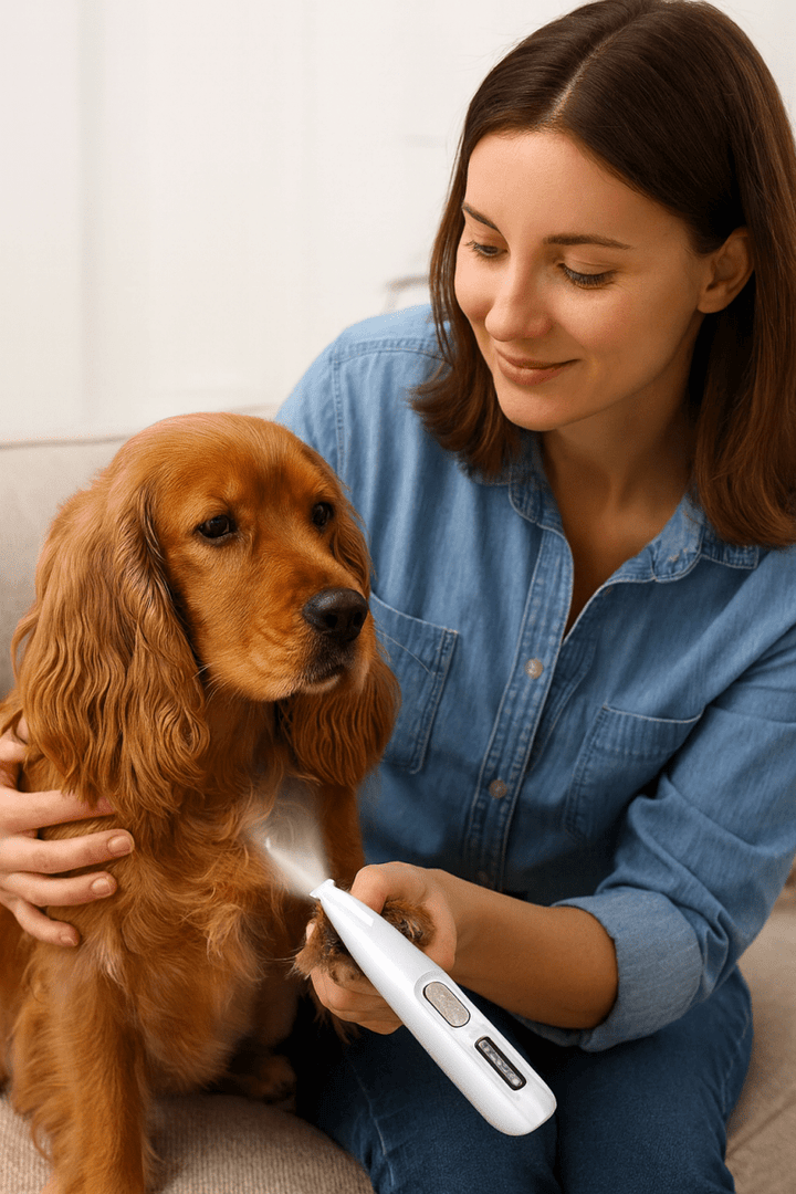 Rechargeable quiet pet trimmer with ceramic blades for gentle grooming, reducing anxiety in dogs and cats.