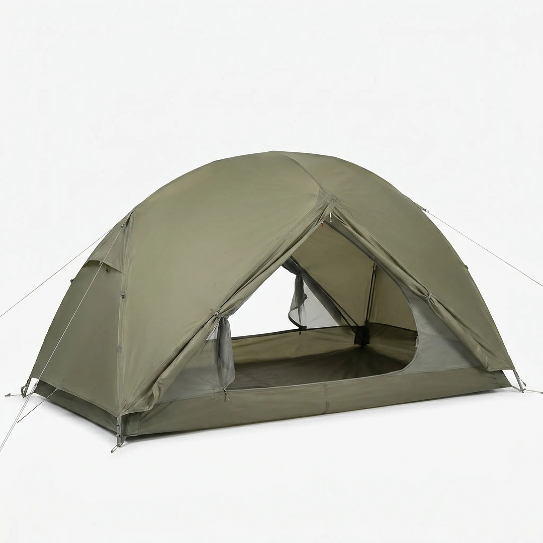 Compact, portable 1-3 person ultralight backpacking tent packed for hiking. Essential lightweight camping gear.