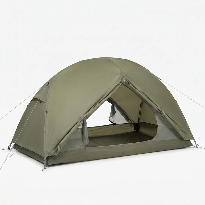 Compact, portable 1-3 person ultralight backpacking tent packed for hiking. Essential lightweight camping gear.