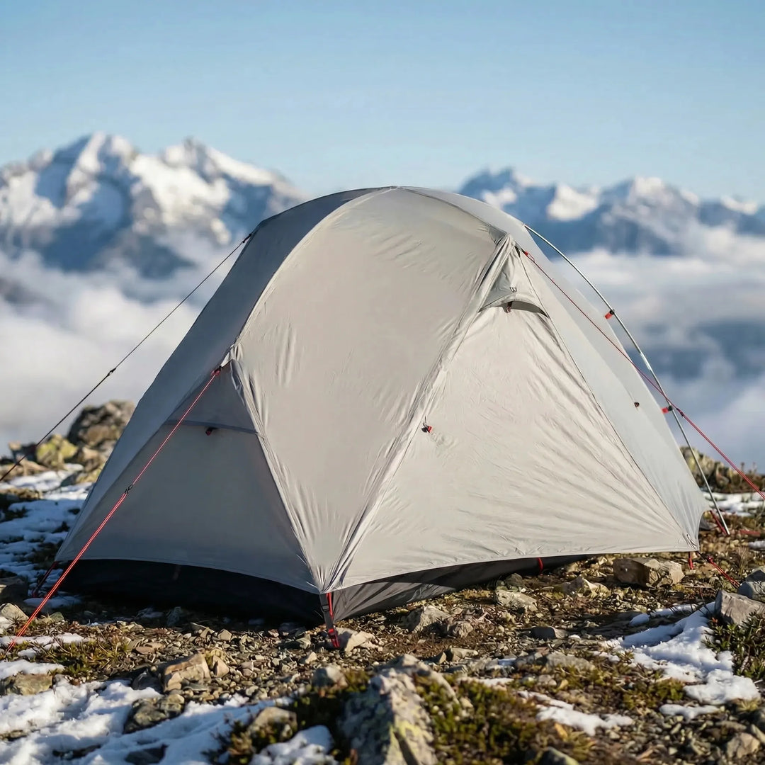 Ultralight 1-person hiking tent set up in a forest for backpacking. Ideal solo camping shelter.