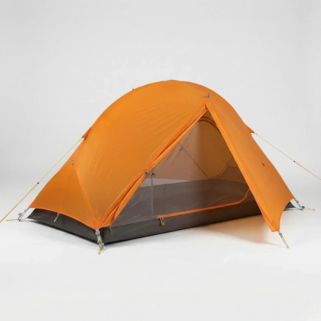 A unisex 1-person ultralight tent pitched by a lake, perfect for 3-season hiking and outdoor shelter.