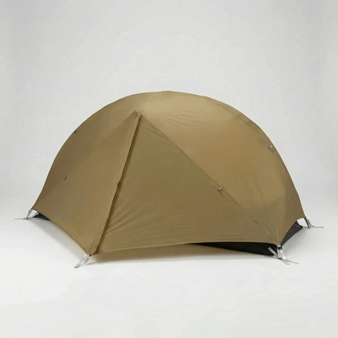 Hiker setting up an ultralight 1-person tent at a campsite, emphasizing easy pitch for solo camping.