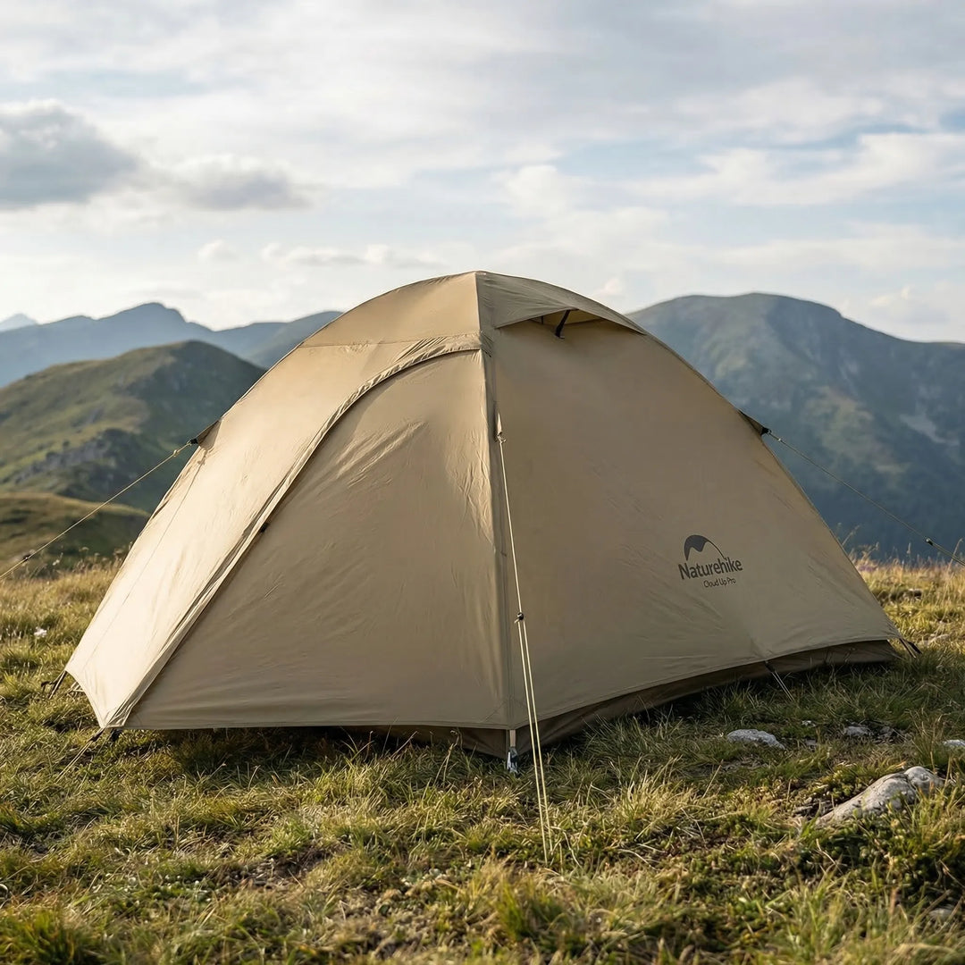 Ultralight 2-person dome tent set up in a scenic camping spot, perfect for backpacking and outdoor adventures.