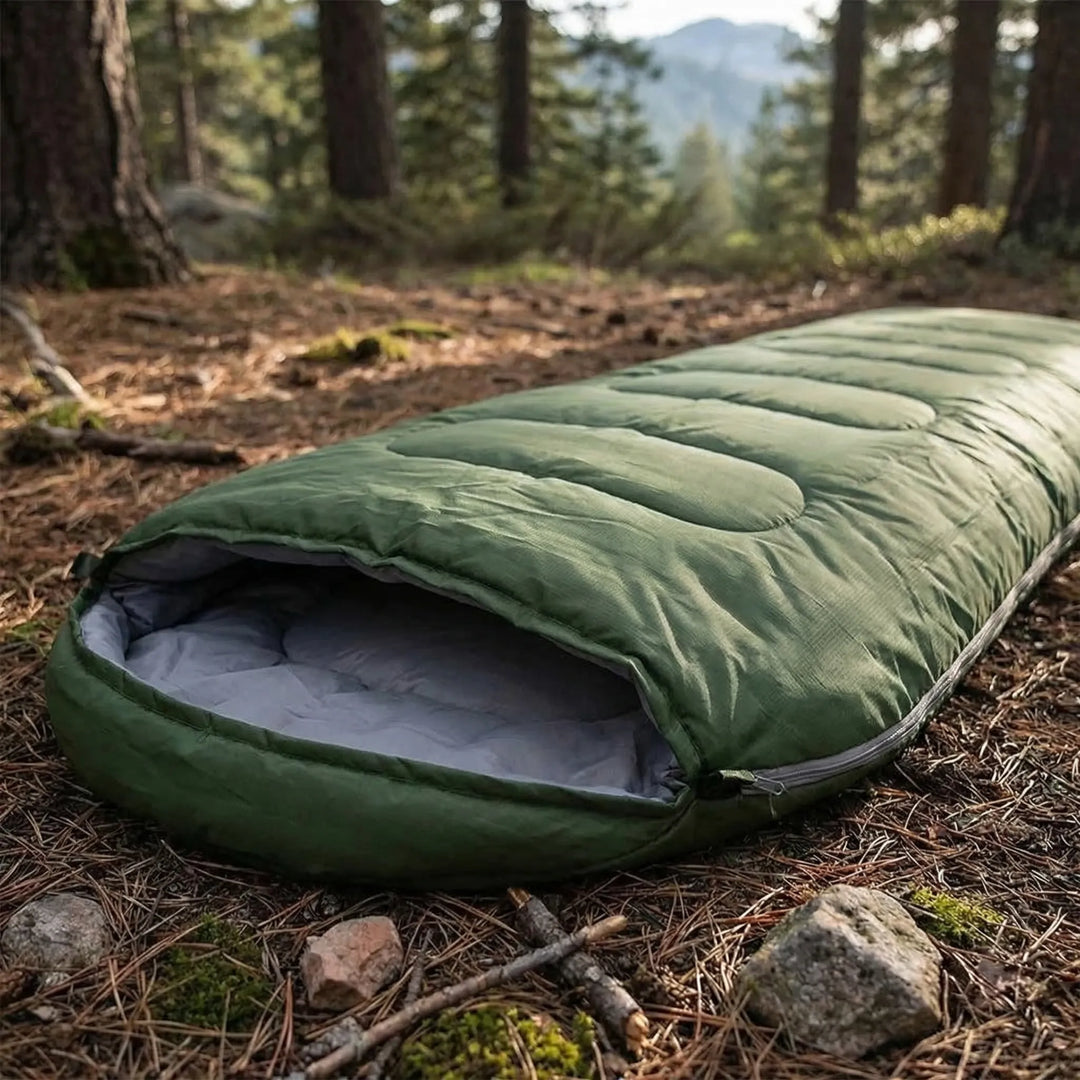 Ultralight 4-season envelope sleeping bag for camping & hiking. Packable, water-repellent outdoor travel gear.