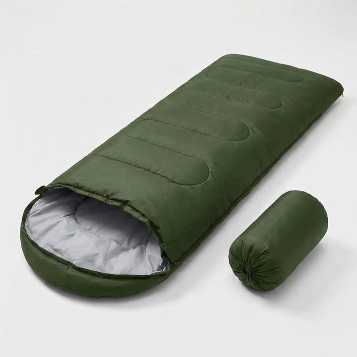 Spacious ultralight envelope sleeping bag for comfortable 4-season camping & hiking. Durable & water-repellent.