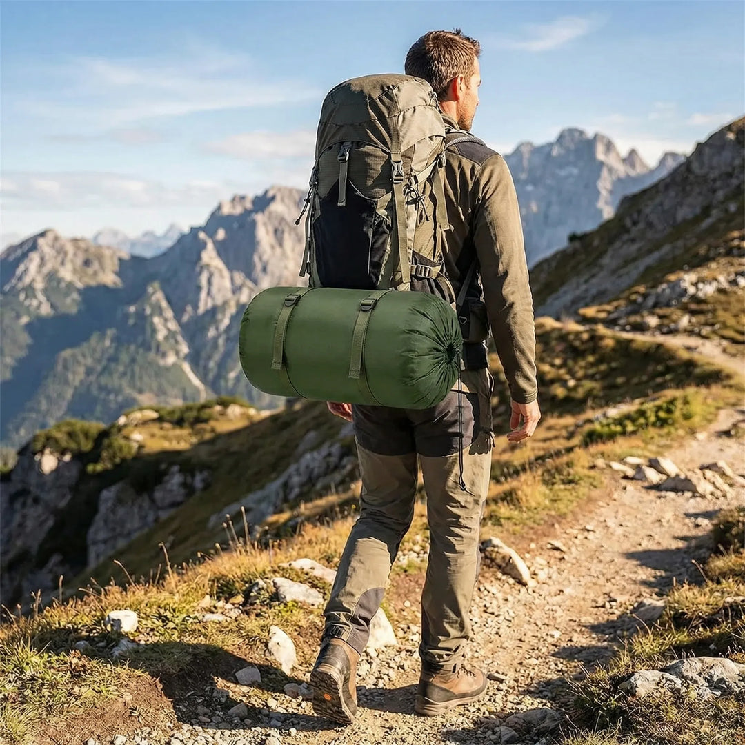 Packable ultralight 4-season sleeping bag, ideal for camping, hiking & outdoor travel. Water-repellent design.