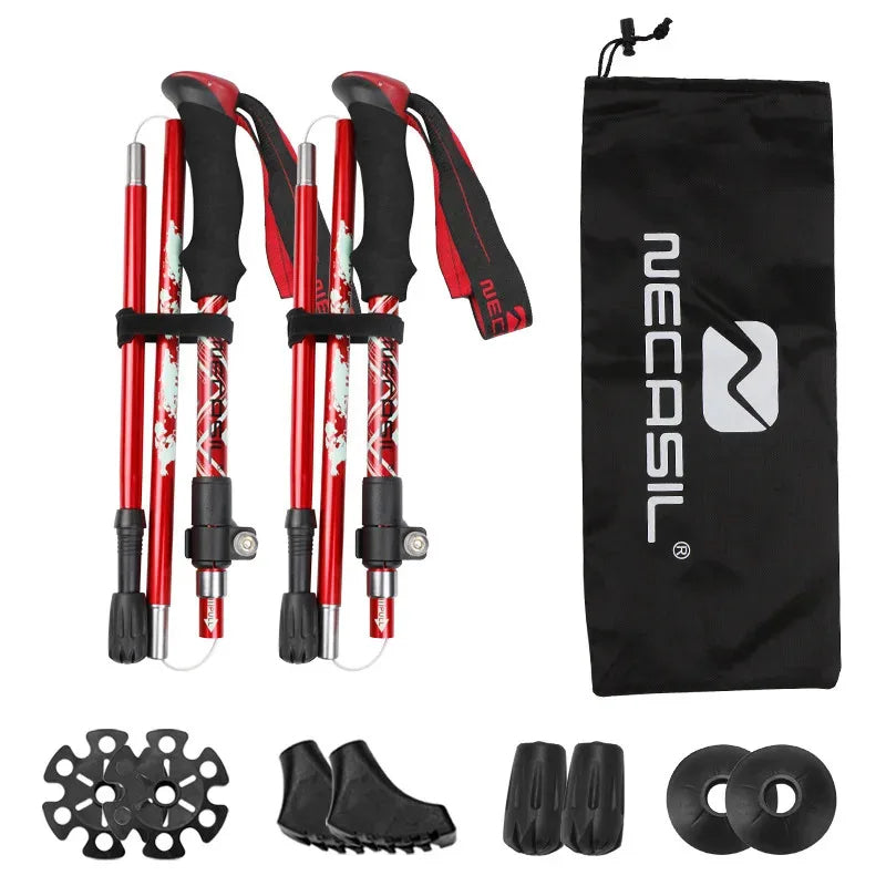 Ultralight 5-section folding trekking poles for hiking, shown extended with ergonomic grips.