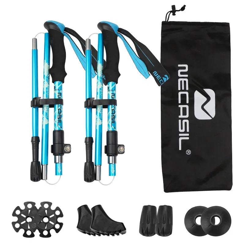 Compact folded ultralight 5-section aluminum trekking poles, ideal for backpacking & camping.