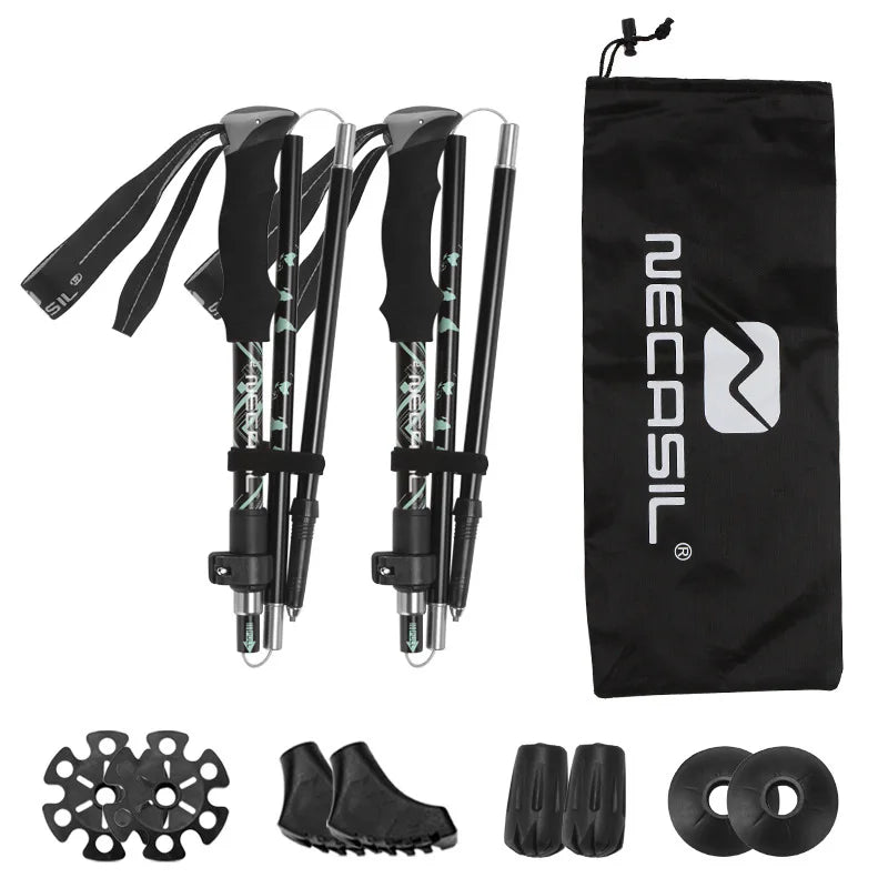 Unisex ultralight 5-section folding trekking pole for hiking, demonstrating adjustable height.