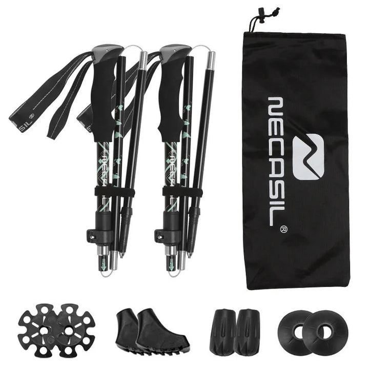 Unisex ultralight 5-section folding trekking pole for hiking, demonstrating adjustable height.
