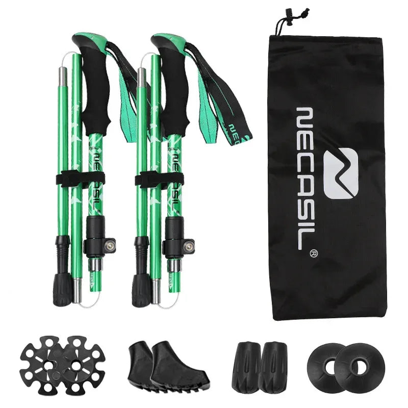 Durable aluminum ultralight 5-section folding trekking poles, essential outdoor adventure gear.
