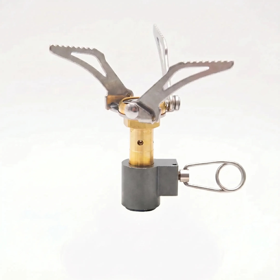 Durable ultralight compact gas burner stove, essential folding gear for camping, hiking, & outdoor cooking.