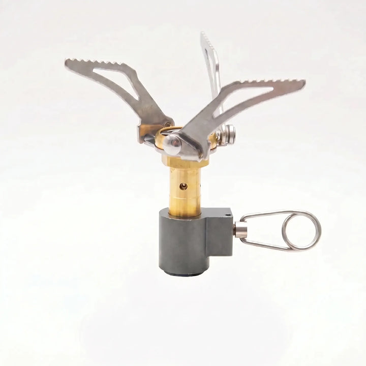 Durable ultralight compact gas burner stove, essential folding gear for camping, hiking, & outdoor cooking.