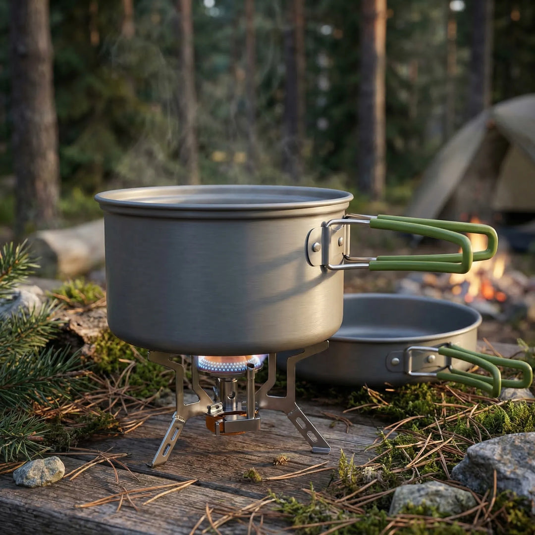 Ultralight compact outdoor camping cookware set for hiking & backpacking. Portable mess kit with pot & pan.