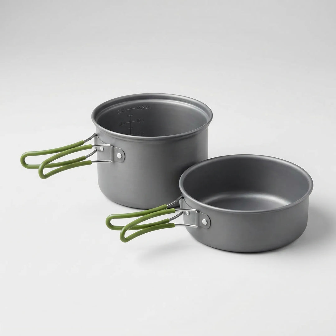 Packed ultralight camping cookware set, ideal for backpacking & travel. Compact outdoor mess kit for hikers.