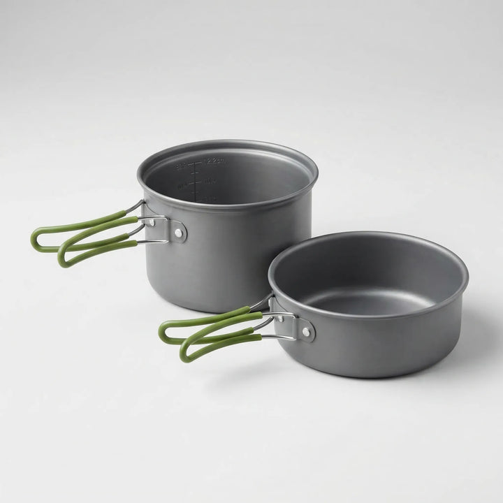 Packed ultralight camping cookware set, ideal for backpacking & travel. Compact outdoor mess kit for hikers.