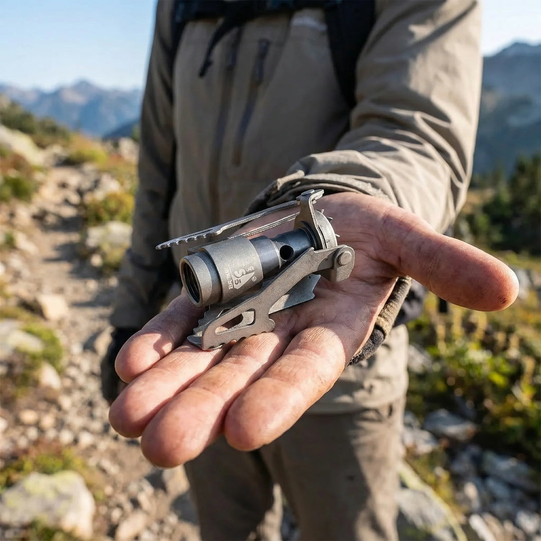Ultralight folding pocket camping stove, portable titanium backpacking cooker for outdoor hiking & travel.